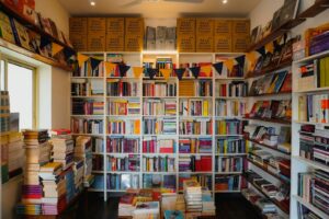 Cozy bookstore filled with shelves of colorful books